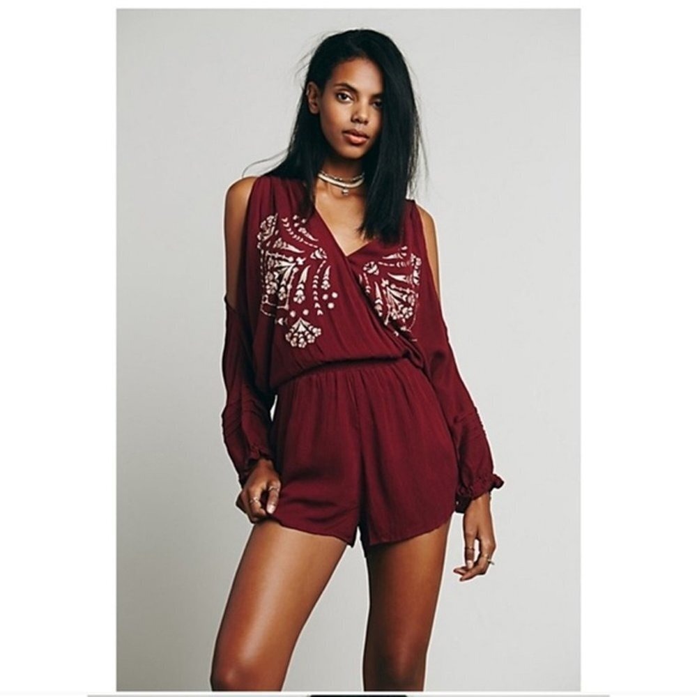 Free People Love Is All Around Cold Shoulder Embroidered Romper Burgundy Women M